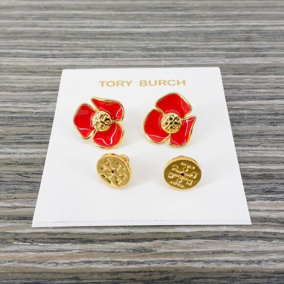 Tory Burch Fleur Flower Stud Earrings Red OS - Picture 7 of 8